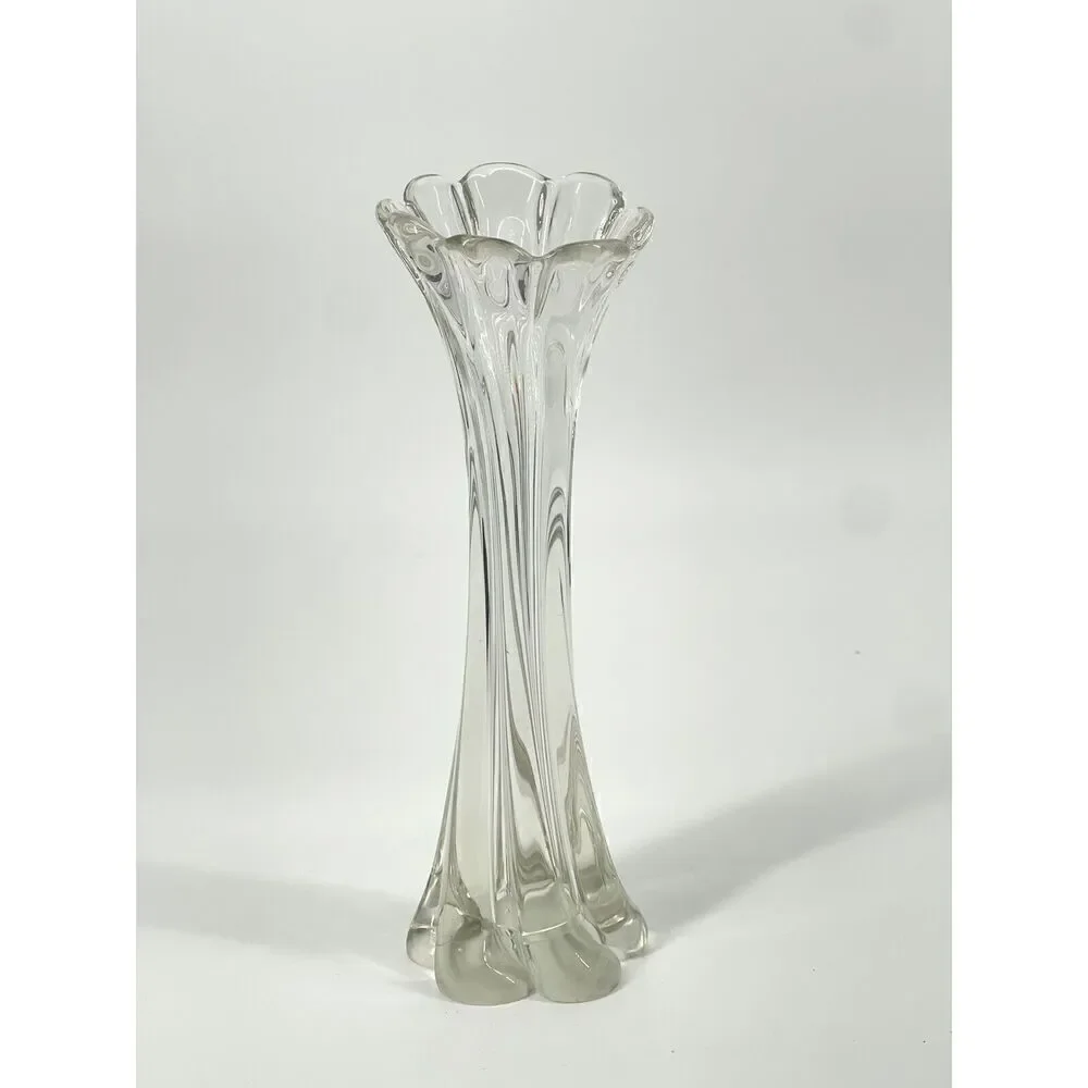 Vintage Clear Glass Swung Stretch Twist Vase Ruffle Top 11.5” Mid Century MCM